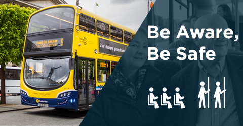Bus image with text Be Aware, Be Safe