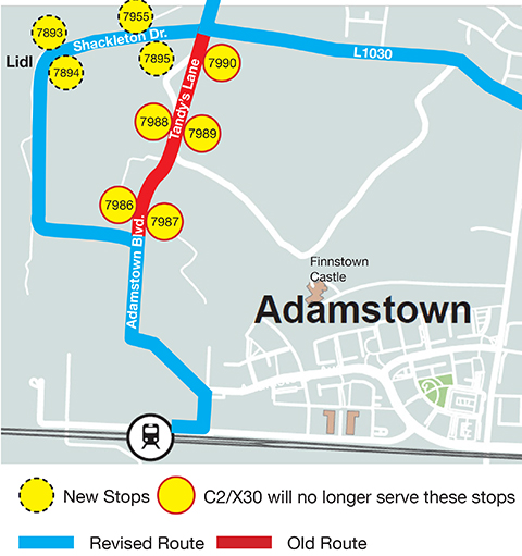 Image of map showing stops 7990, 7989, 7987 , 7986 and 7988 are no longer in use. Red line illustrates current route with stops being removed. New stops in use are stops 7893, 7894, 7895 and 7955. Blue line illustrates new routing. Image of map showing stops 7990, 7989, 7987 , 7986 and 7988 are no longer in use. Red line illustrates current route with stops being removed. New stops in use are stops 7893, 7894, 7895 and 7955. Blue line illustrates new routing.