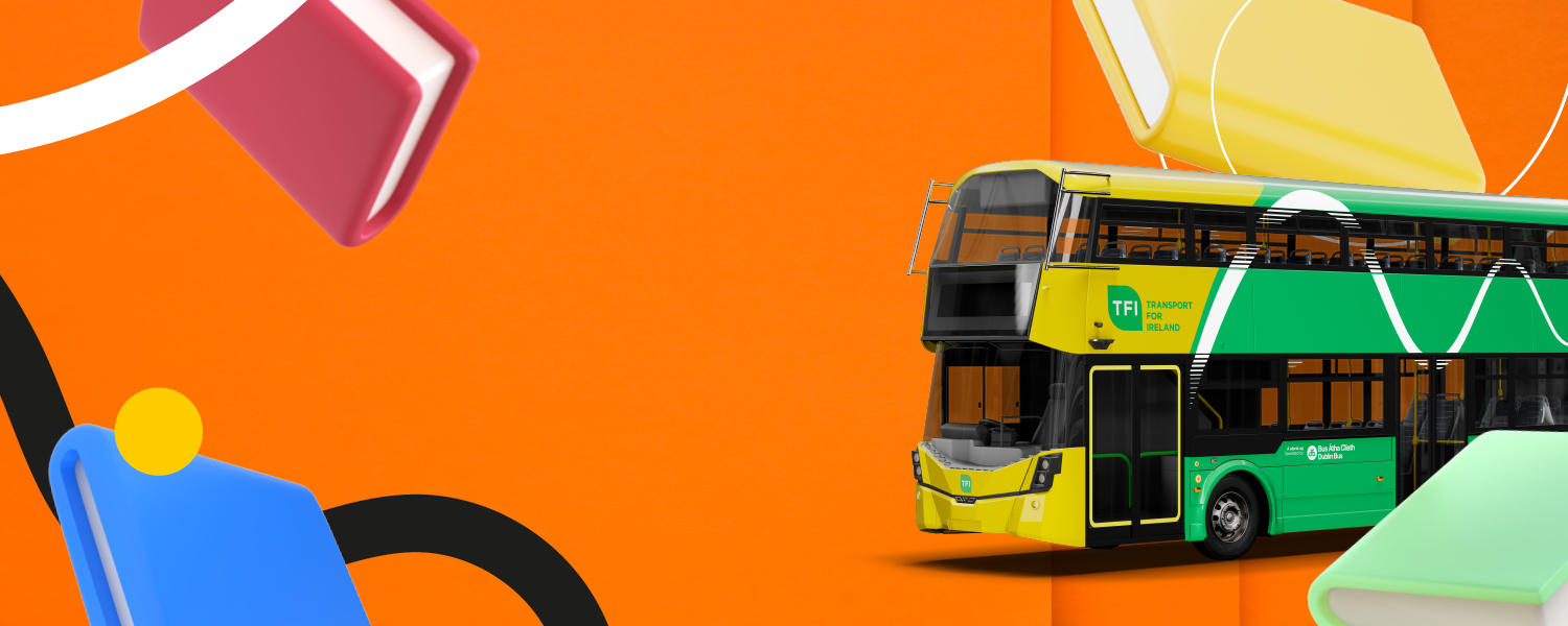Orange Graphic with books and a Dublin Bus