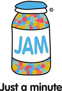 Image of animated Jam jar with text "Jam" on the label and "just a minute" written underneath itj Image of animated Jam jar with text "Jam" on the label and "just a minute" written underneath itj