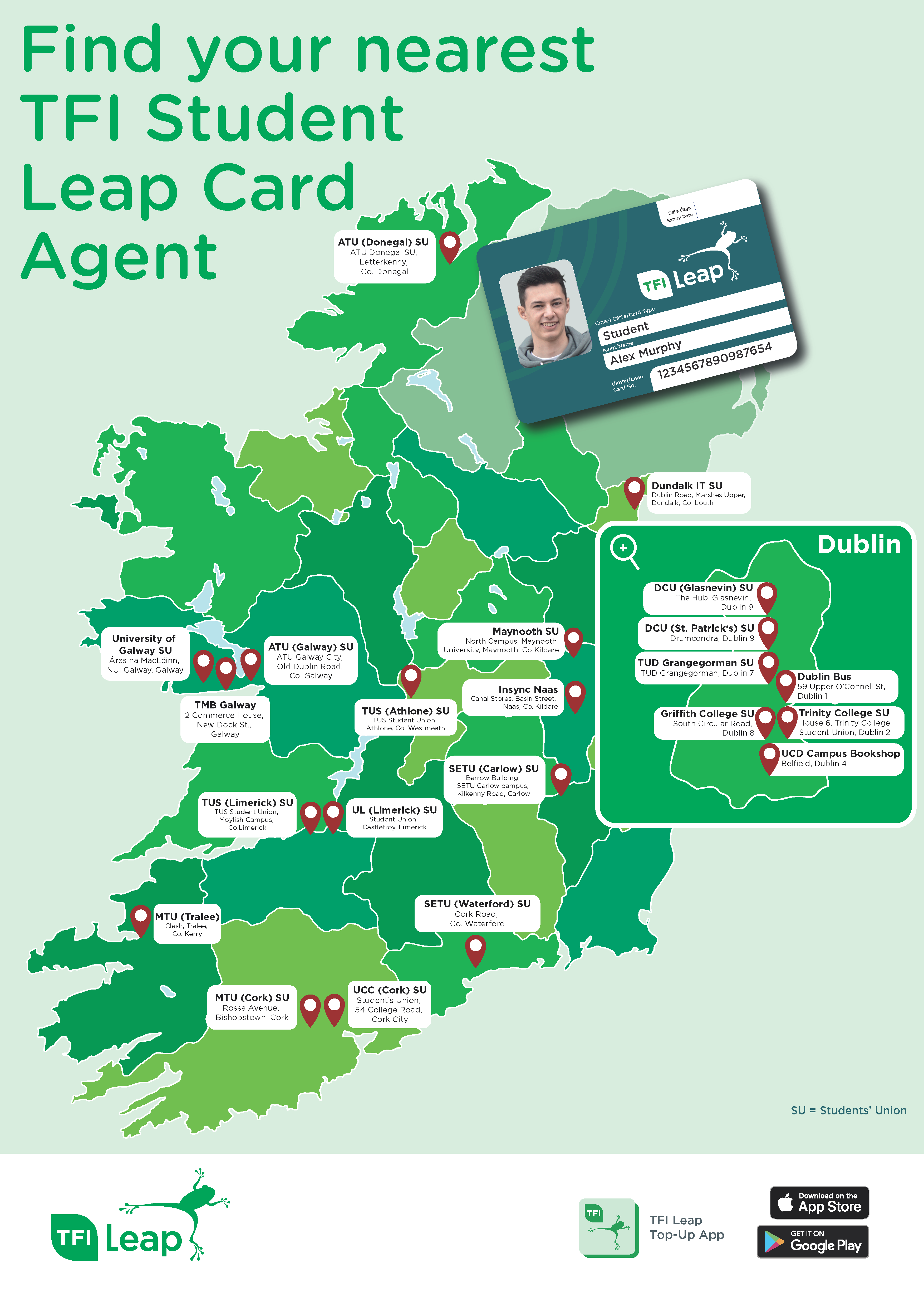 A map showing all the agents that you can collect a student leap card from in Ireland